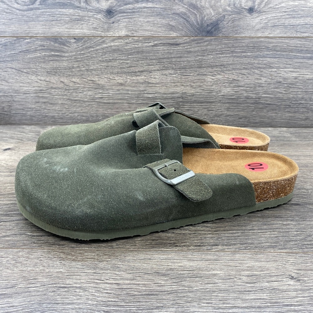 Project Cloud Clogs Mens Size 10 Olive Green Suede Buckle Memory Foam Mules